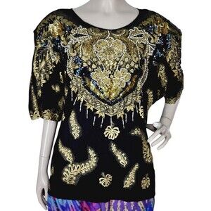 Vintage 80s Metallic Gold Floral Beaded Fringe Sequins High Shoulder Blouse OSFM